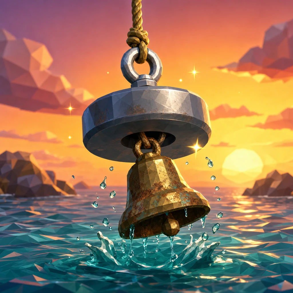 A rusted brass dinner bell lifted from teal water by a salvage magnet at sunset.