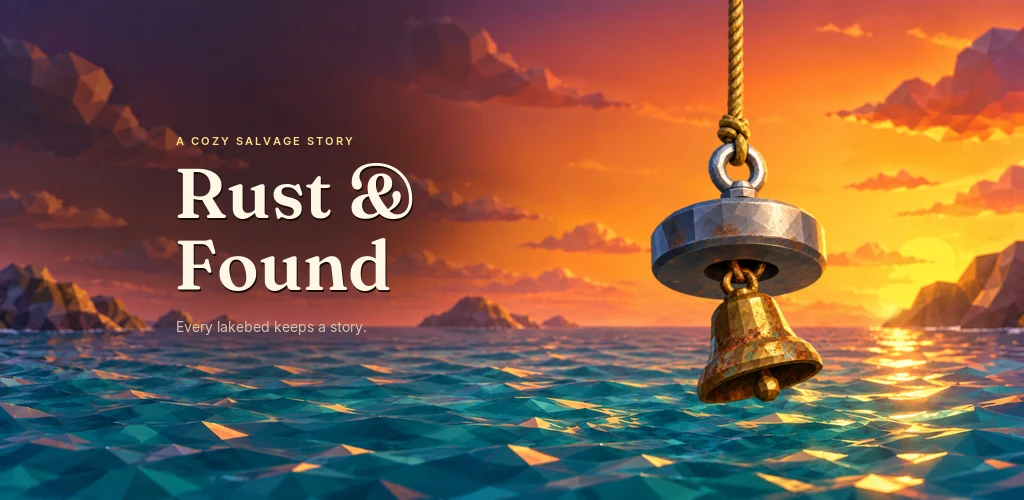 Rust & Found key art: a brass bell lifted from the water by a magnet at sunset.