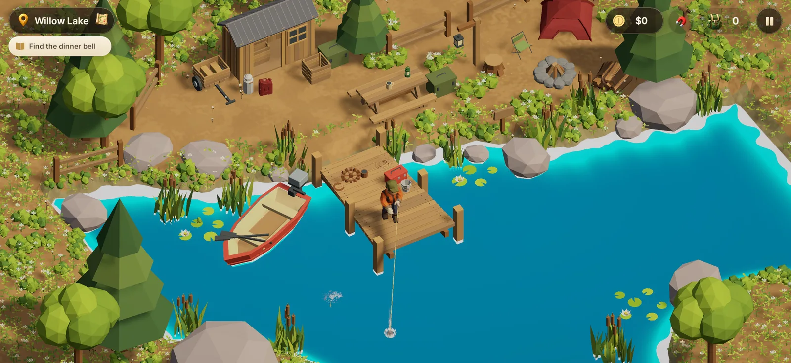 Willow Lake: a fisher on a wooden dock beside a campsite, casting into bright blue water.